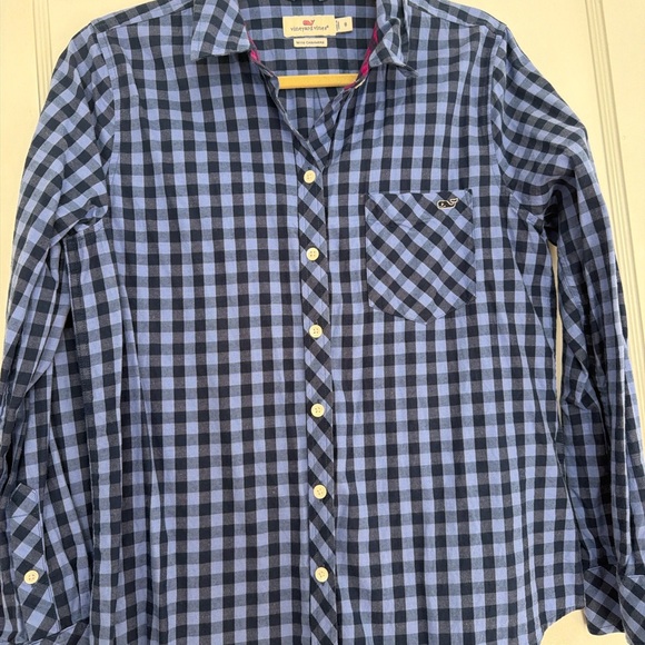 Vineyard Vines Navy Checkered Button-Down Shirt with Cashmere - Picture 2 of 5